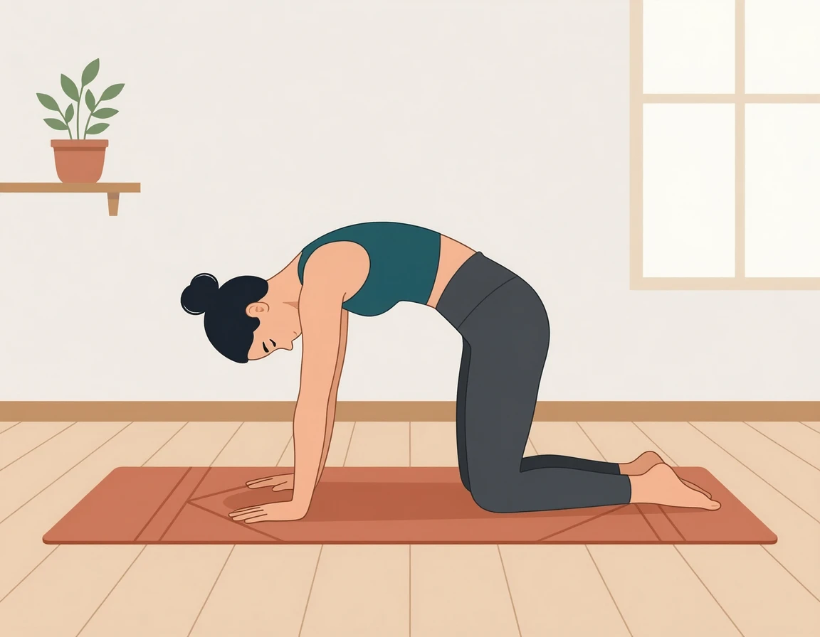 매트 위에서 캣카우 스트레칭을 하는 여성