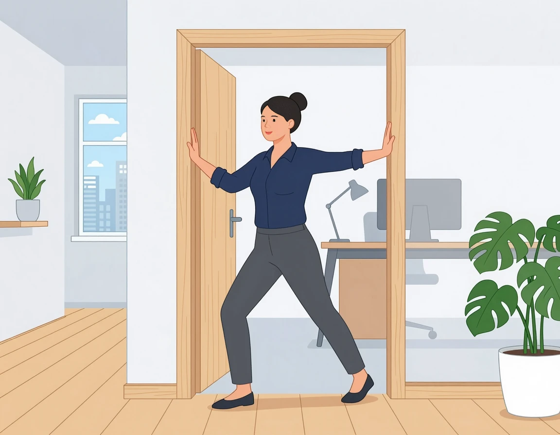 문틀을 이용해 가슴 근육을 스트레칭하는 직장인 여성 일러스트