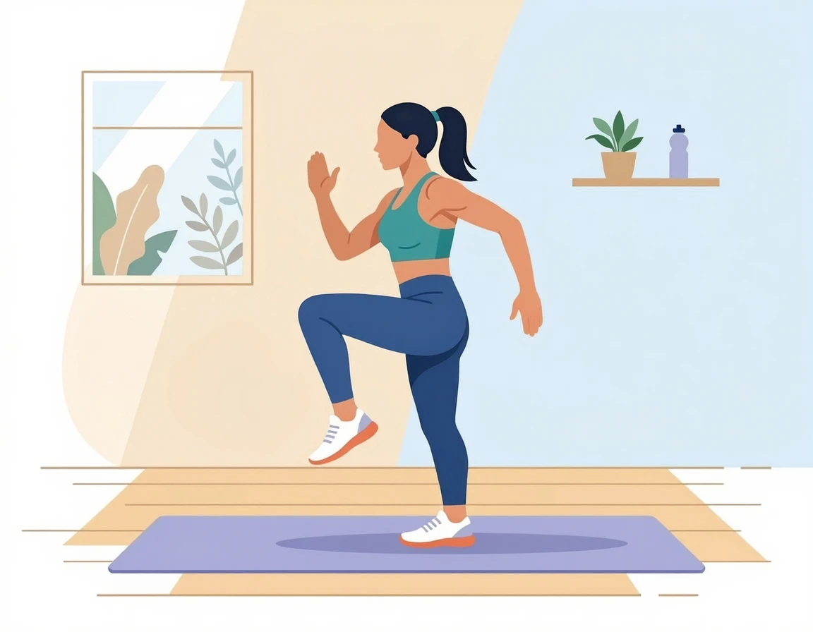 리버스 런지 후 무릎을 들어올리는 니업 동작을 하는 여성