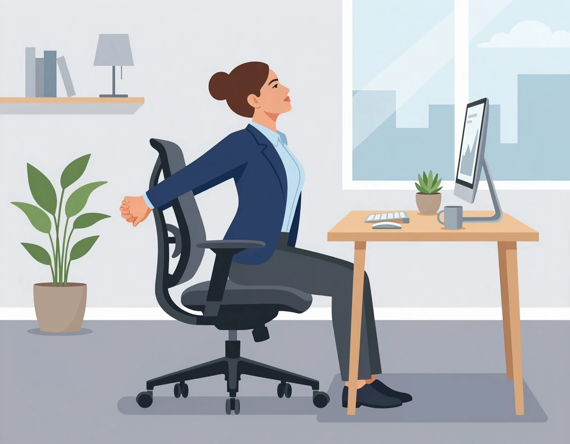 사무실 의자에 앉아 가슴을 펴는 스트레칭 일러스트