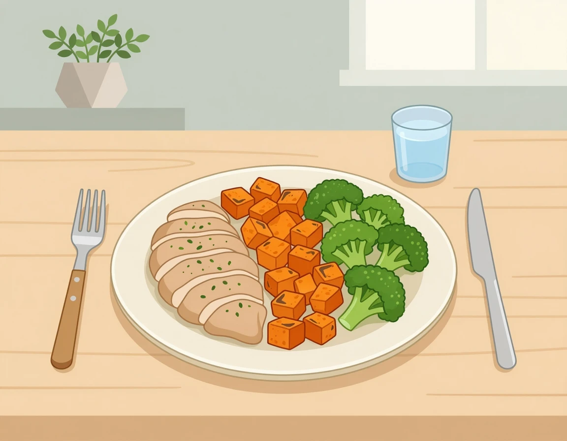 닭가슴살, 고구마, 브로콜리가 담긴 균형 잡힌 식단