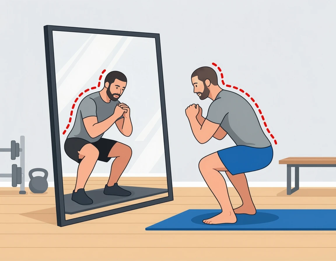 거울을 보며 스쿼트 할 때 무너지는 척추 정렬 일러스트