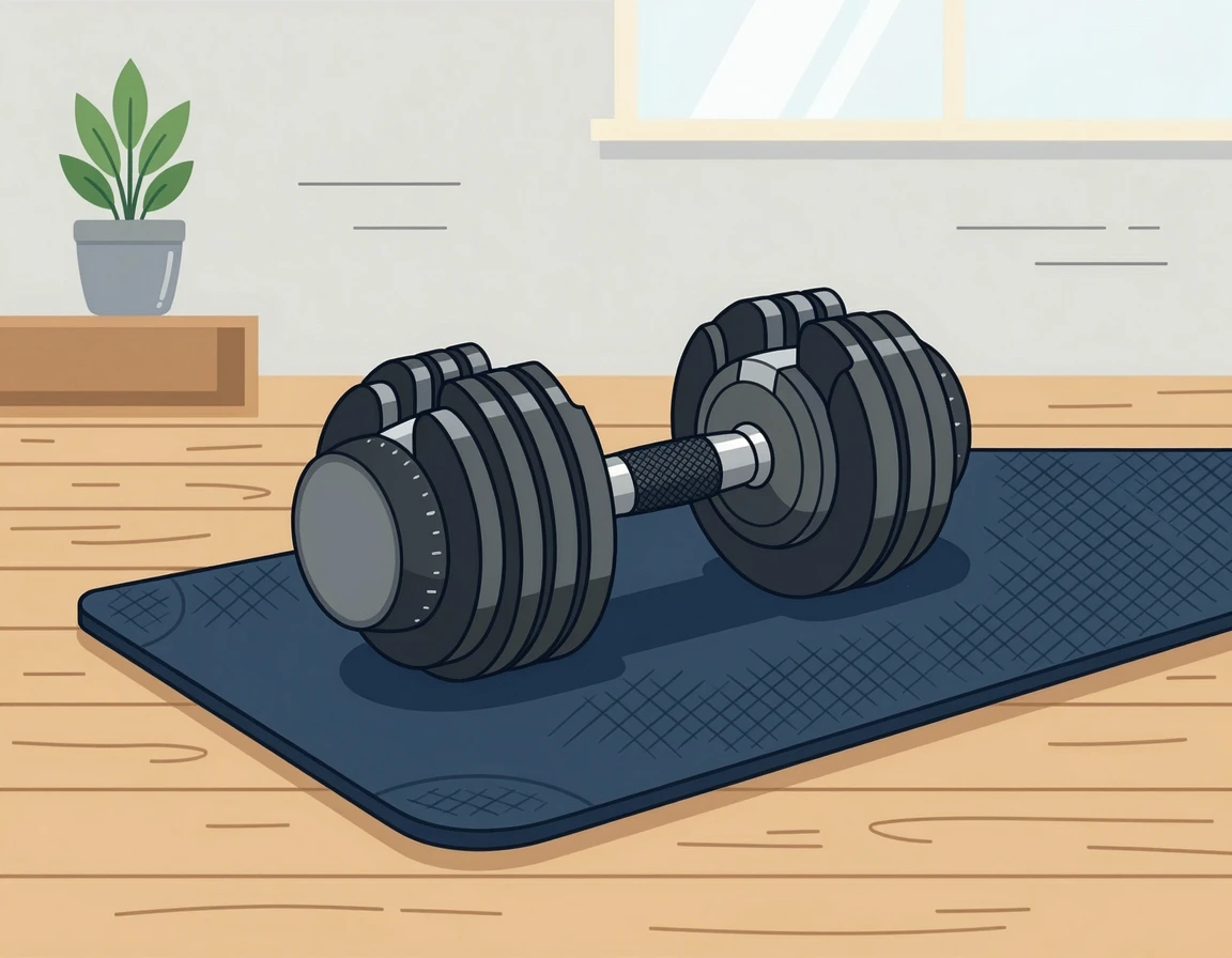 매트 위에 놓인 다이얼 방식의 무게 조절 덤벨 일러스트