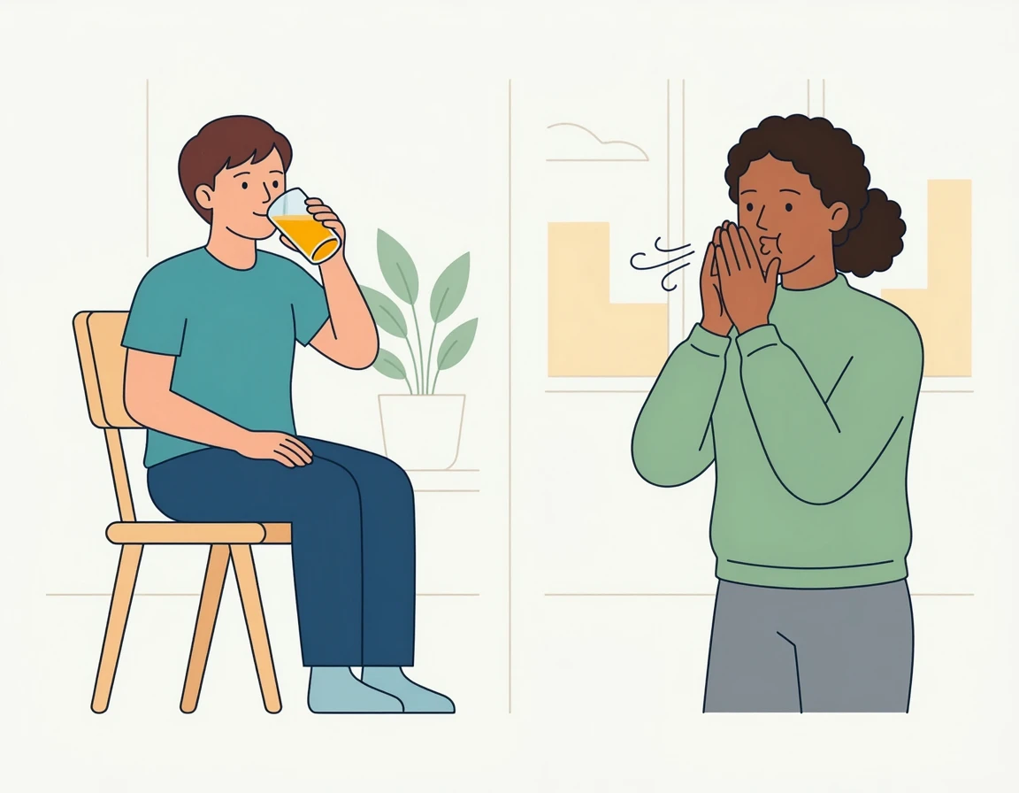 저혈당 대처를 위한 주스 섭취와 과호흡 대처를 위한 호흡법 일러스트