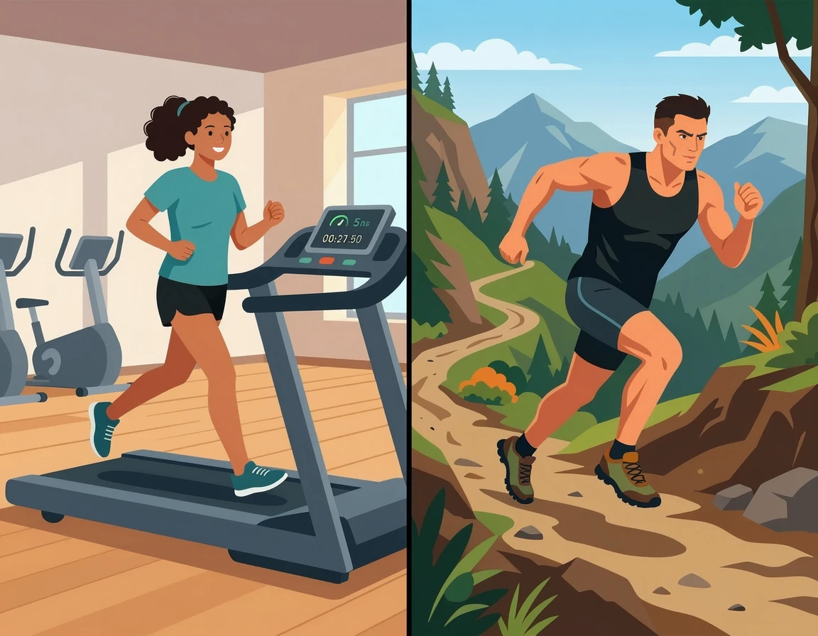 목적에 따라 러닝머신과 야외 달리기를 선택하는 모습 비교