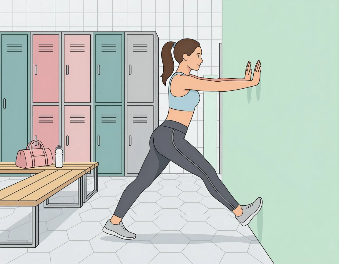 벽을 짚고 종아리 스트레칭을 하는 모습