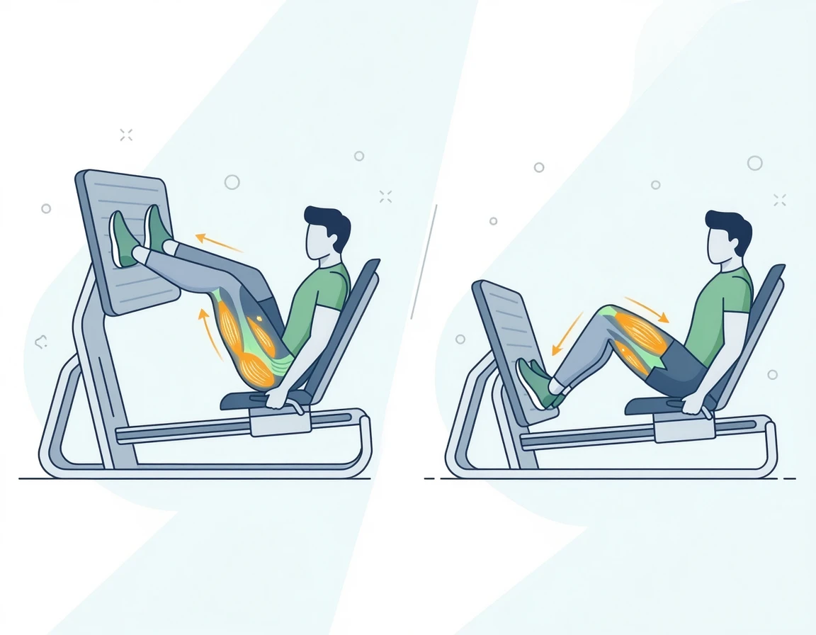 레그프레스 머신에서 발 위치에 따른 근육 자극 부위 변화를 보여주는 일러스트