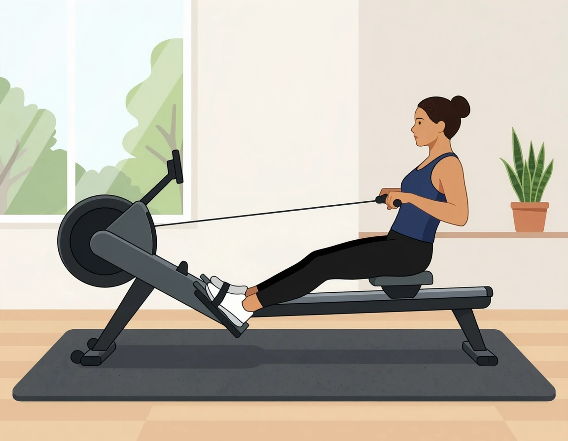 두꺼운 매트 위에 설치된 마그네틱 로잉머신을 당기는 모습