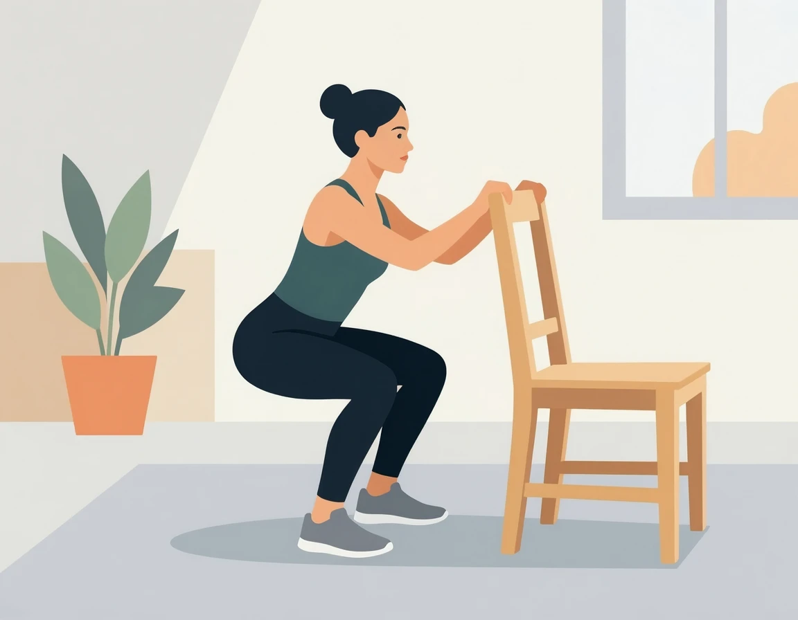 의자를 활용해 안전하게 스쿼트를 하는 여성 일러스트