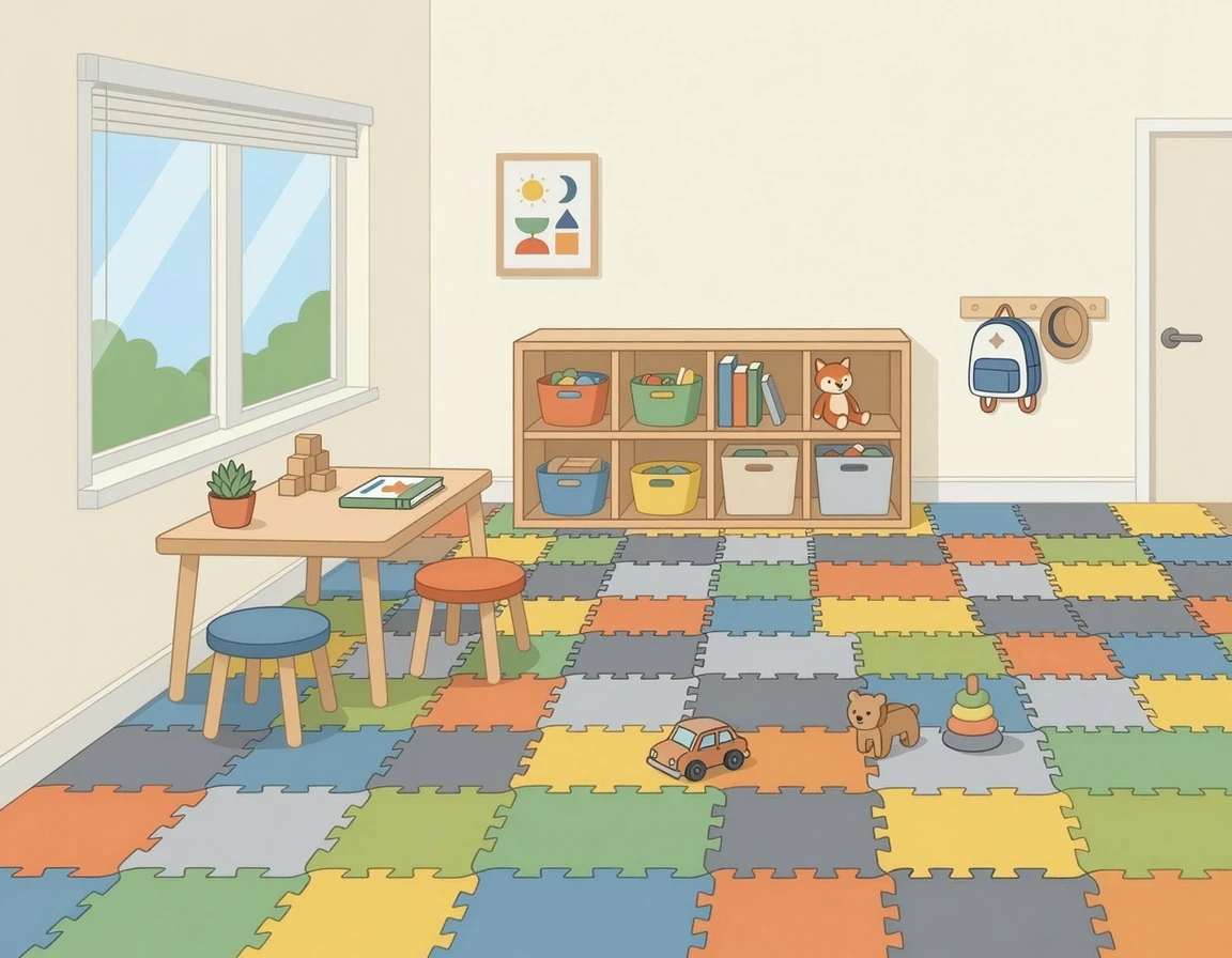 원룸 바닥에 깔린 고밀도 퍼즐 매트 일러스트