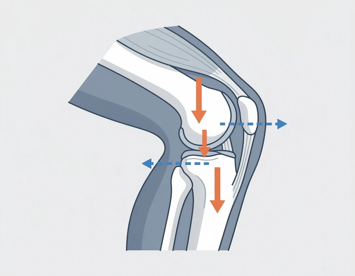 스쿼트 동작 중 무릎 관절에 작용하는 압박력과 전단력을 보여주는 해부학적 일러스트