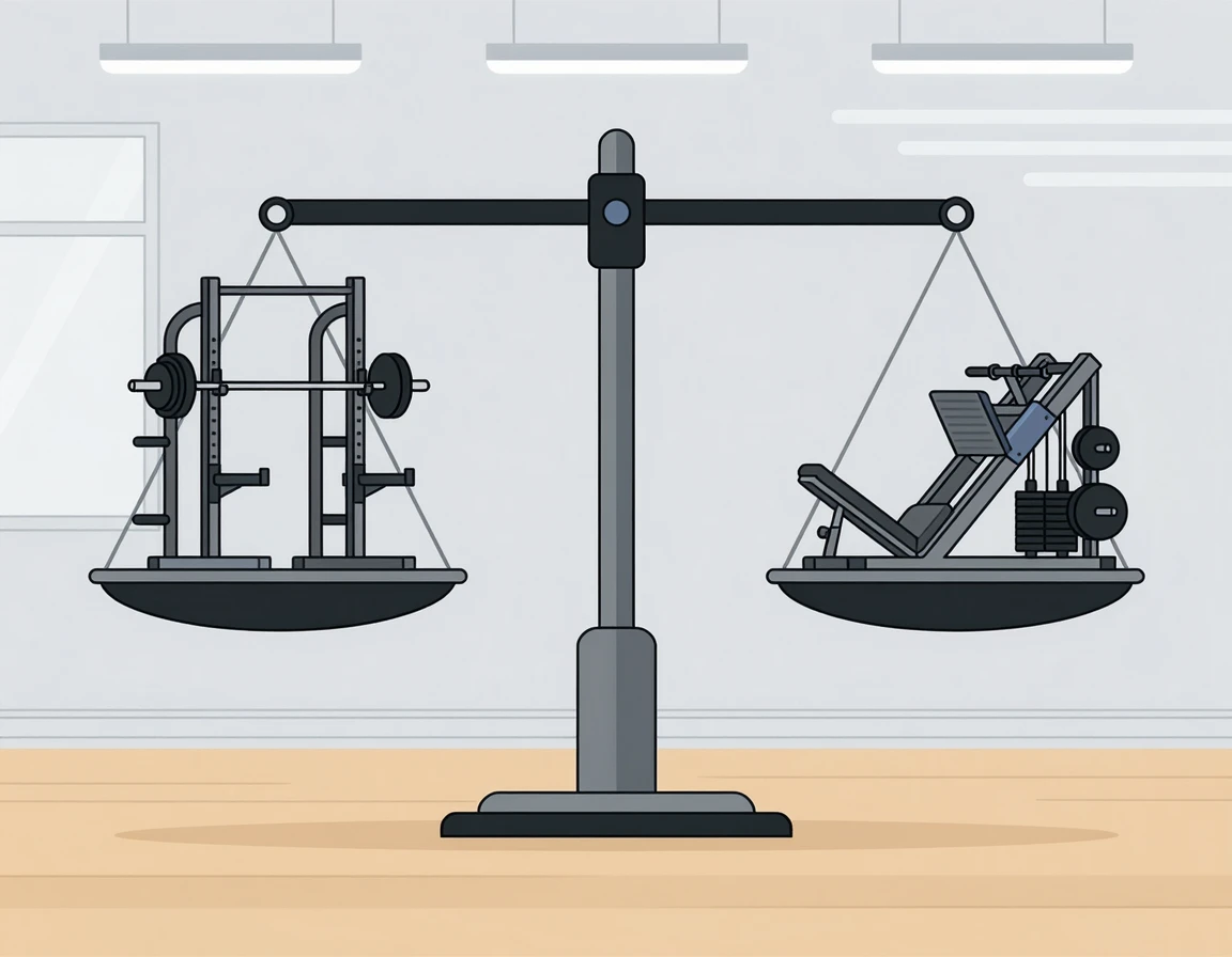 저울 위에서 스쿼트와 레그프레스의 무게를 재며 비교하는 아이콘