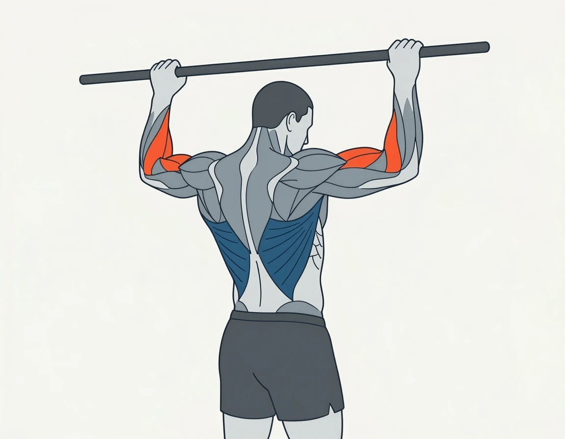 신장성 수축 시 활성화되는 광배근과 이두근 해부학적 일러스트