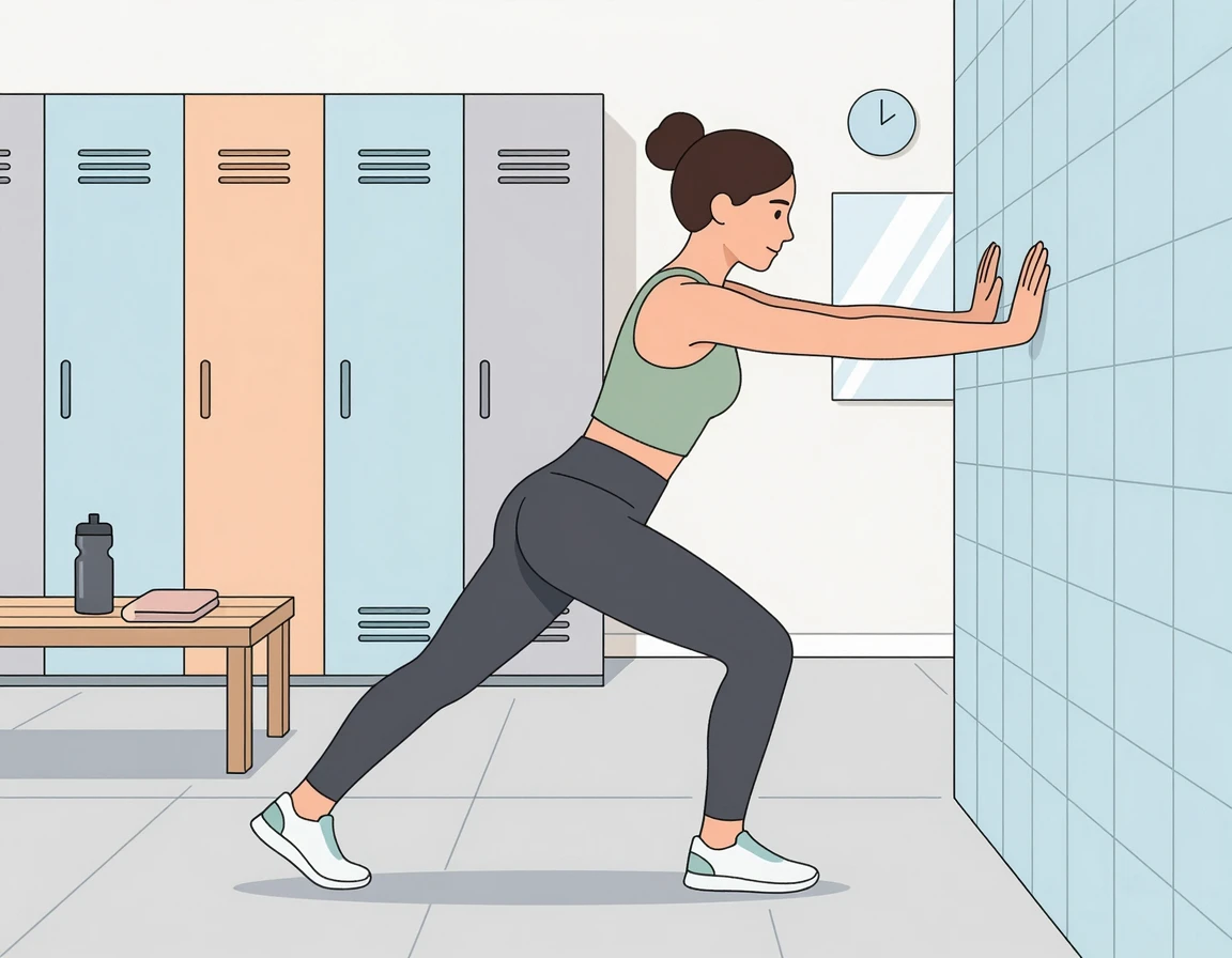 락커룸 벽을 활용한 정적 스트레칭 일러스트