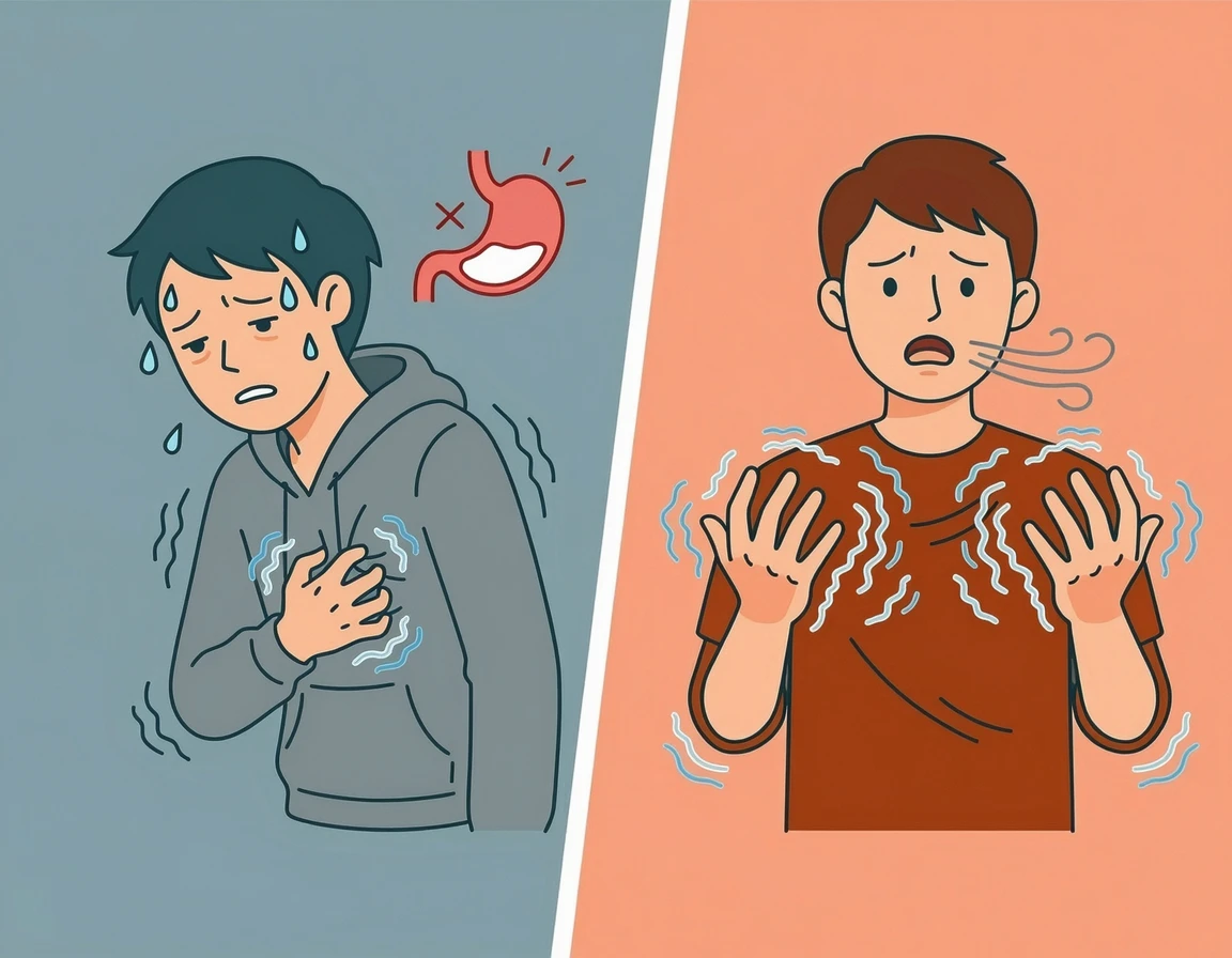 저혈당의 식은땀 증상과 과호흡의 손발 저림 증상을 비교하는 일러스트