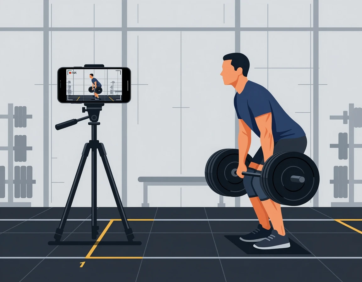 데드리프트 자세 측면 촬영을 위한 스마트폰 삼각대 세팅 일러스트