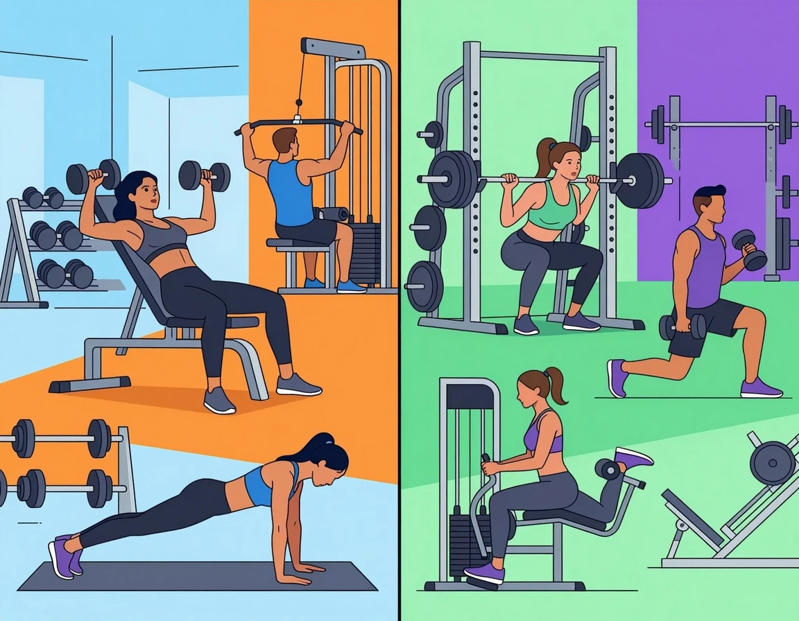 상체와 하체로 나뉜 2분할 운동 개념 일러스트