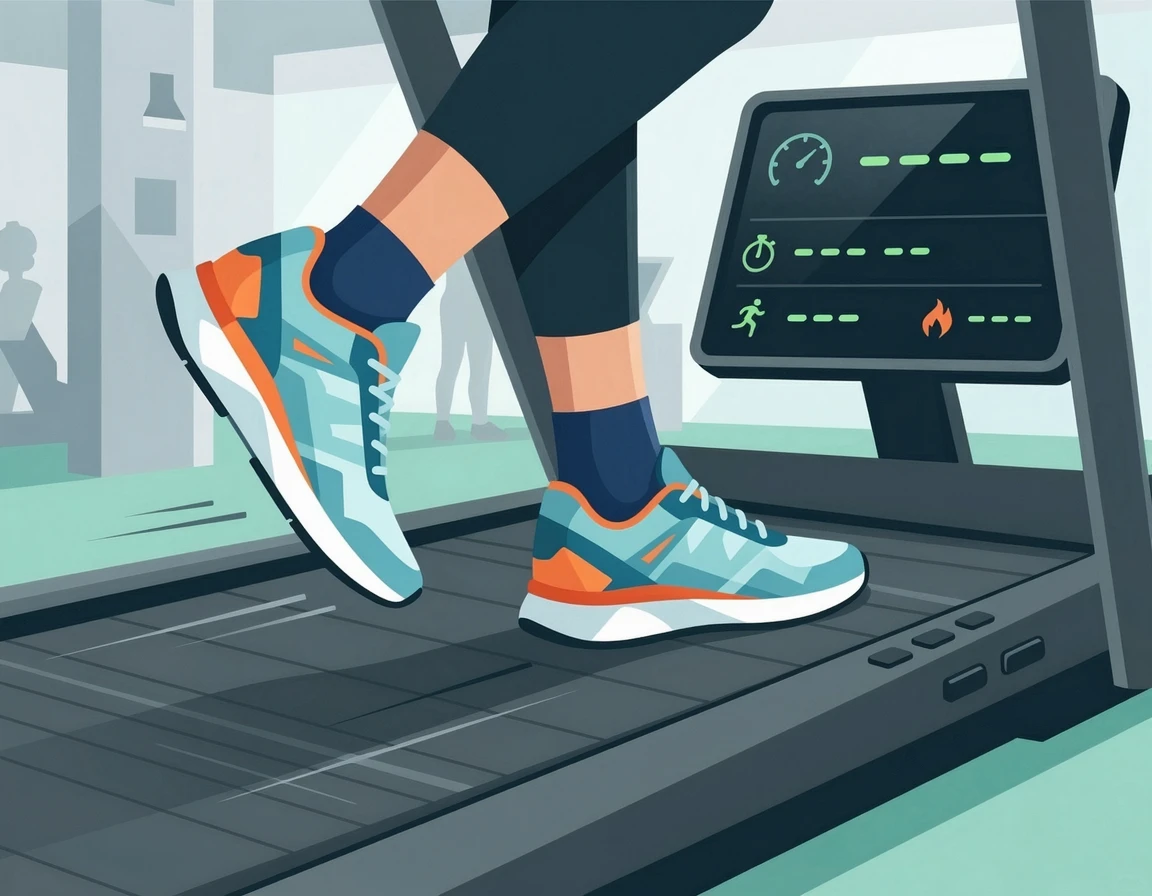 자동으로 움직이는 러닝머신 벨트 위를 달리는 발과 계기판