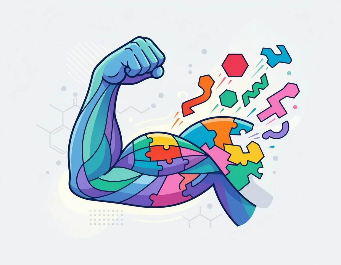 아미노산 분자가 퍼즐처럼 결합하여 근육을 형성하는 모습