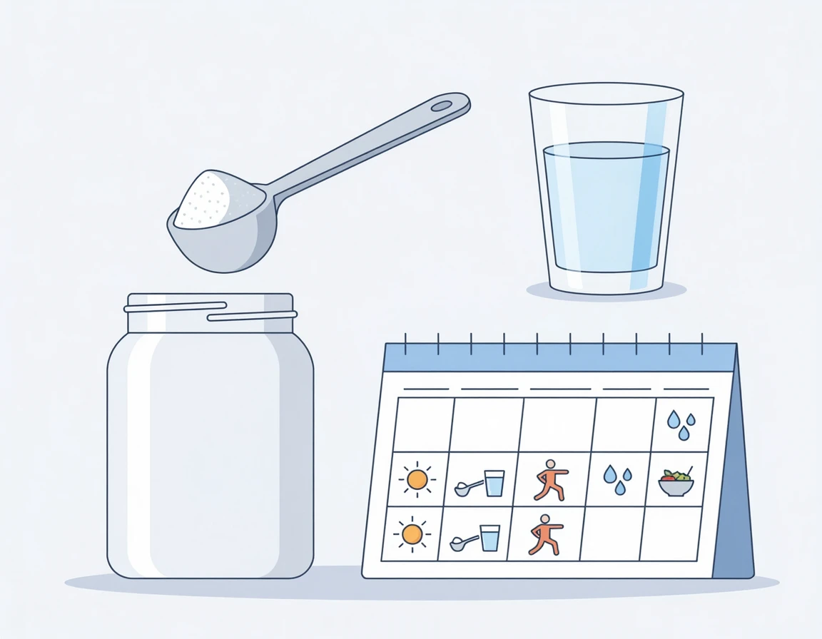 크레아틴 정량 스푼과 물, 달력이 있는 복용법 일러스트