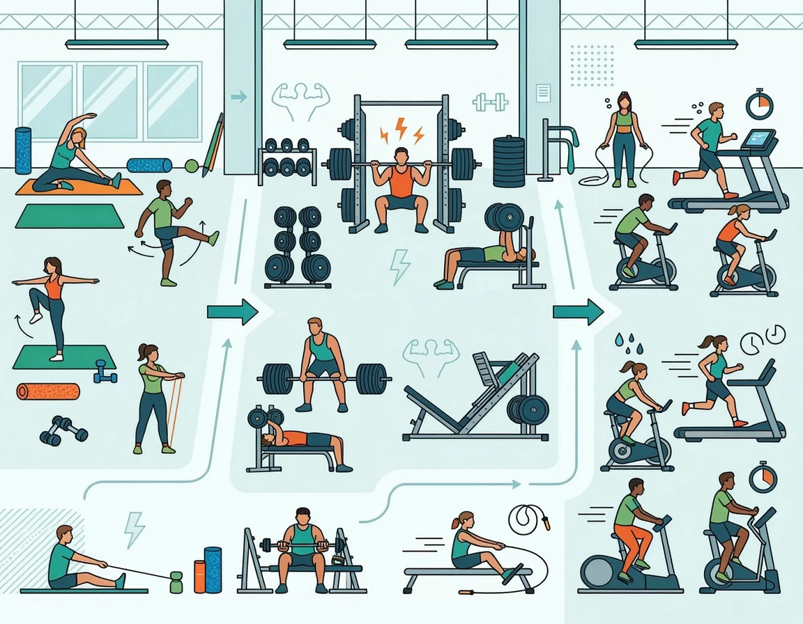 효율적인 운동 순서를 나타내는 단계별 일러스트