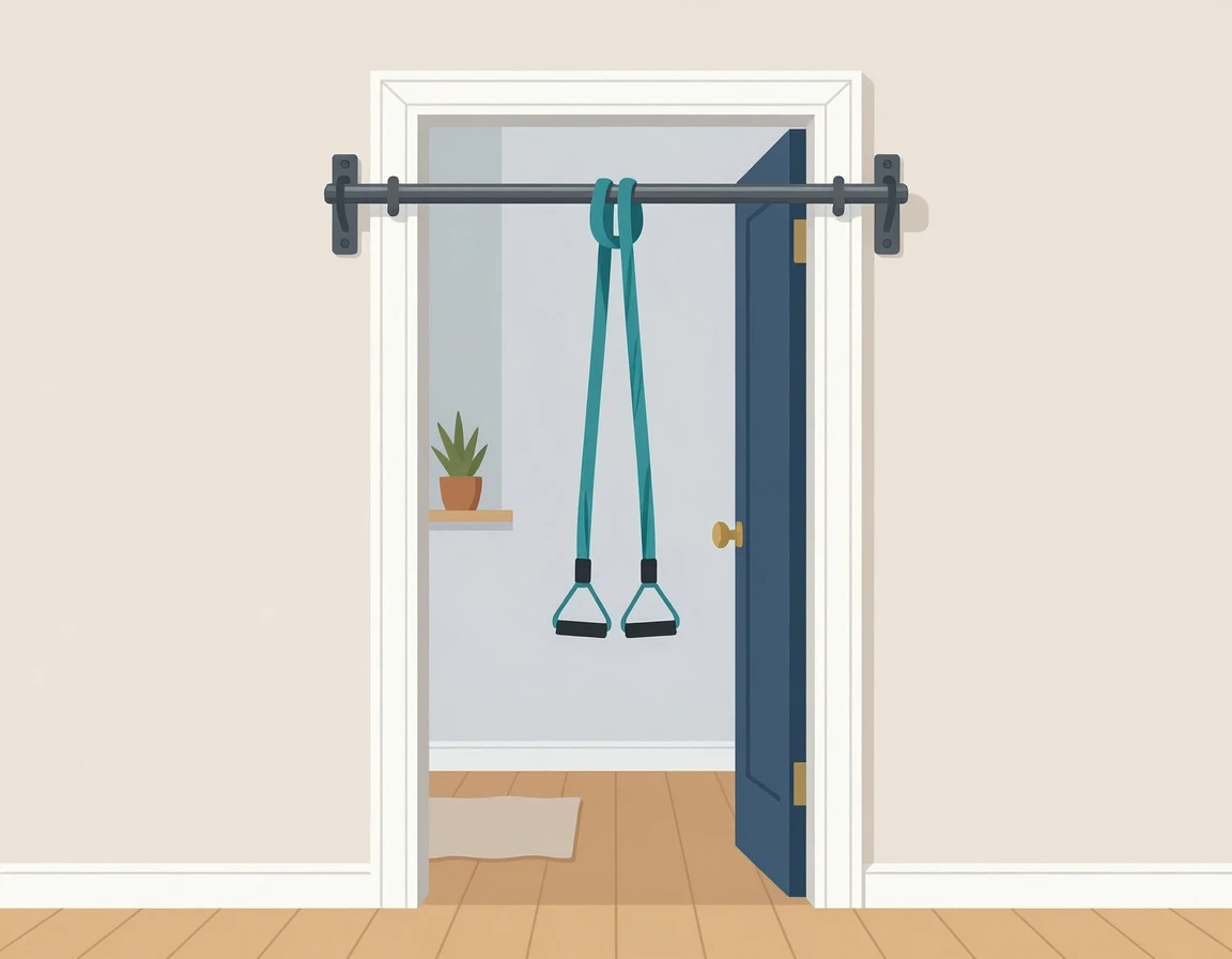 문틀에 설치된 철봉과 풀업 밴드 일러스트