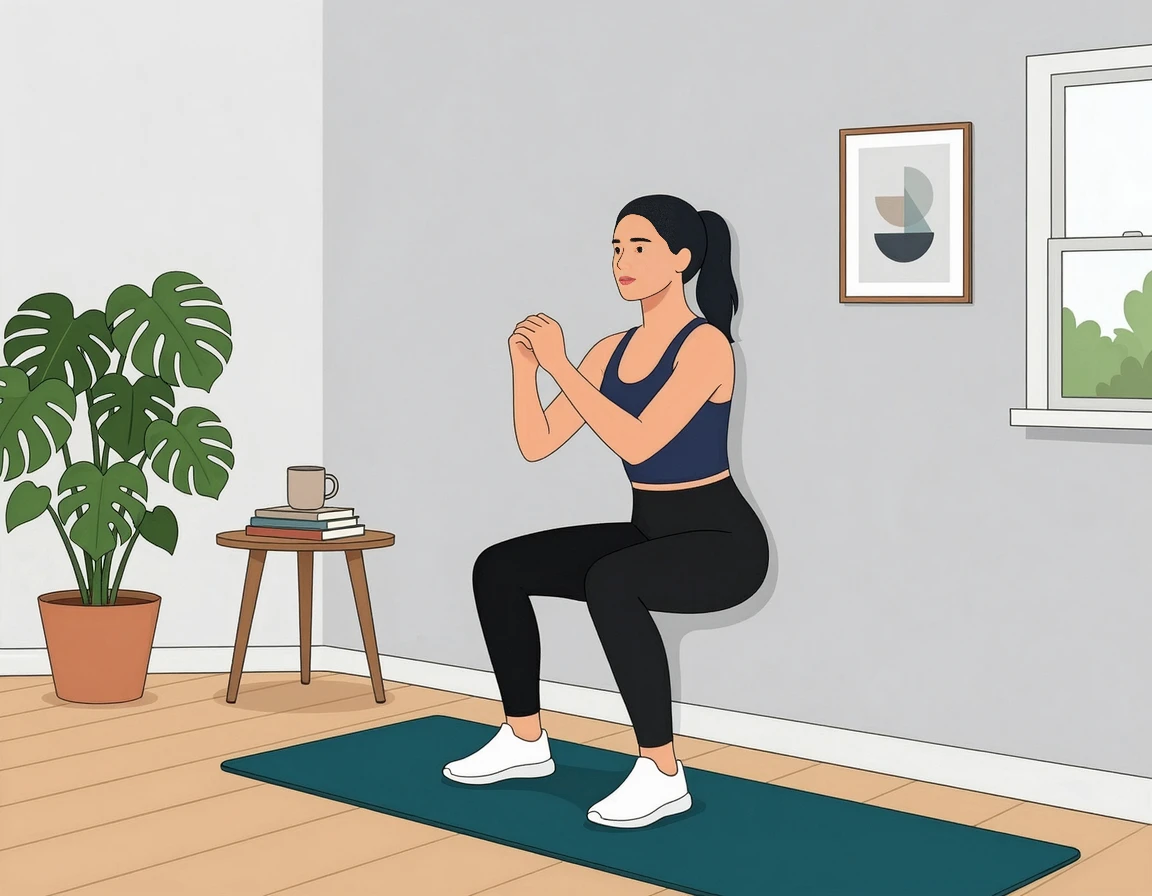 집에서 바른 자세로 벽 스쿼트(Wall squat)를 하는 여성 일러스트