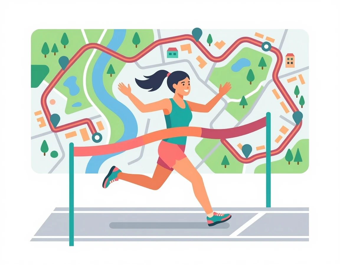 8주 훈련을 마치고 5km 완주 결승선을 통과하는 러너 일러스트