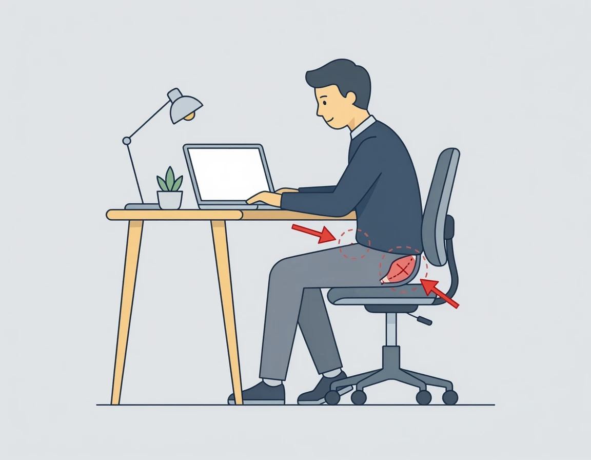 오랜 좌식 생활로 인한 고관절 굴곡근 긴장과 둔근 약화 일러스트