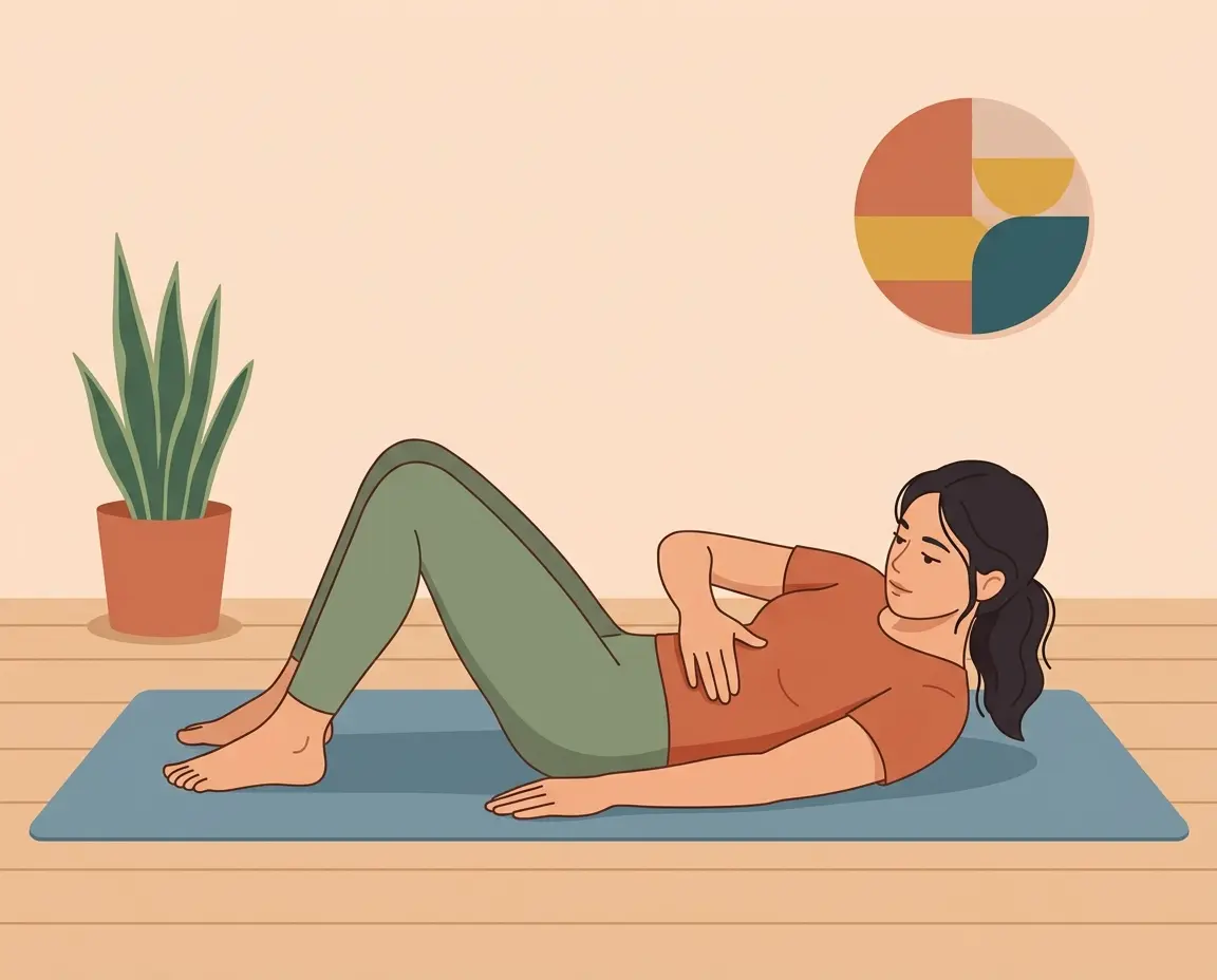 천장을 보고 누워 복직근 분리 자가 진단을 하는 여성 일러스트