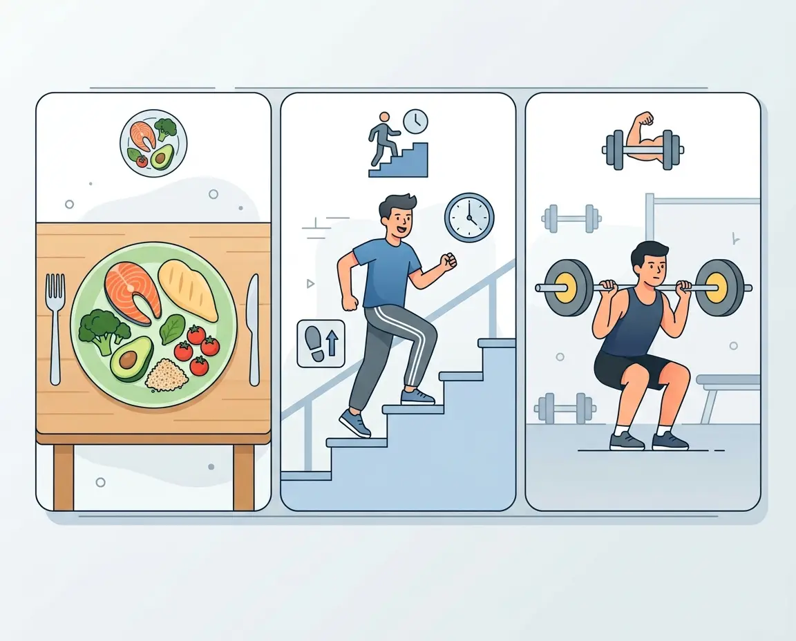 식단 조절, 일상 활동량 증가, 전신 근력 운동의 3박자 다이어트 전략 일러스트