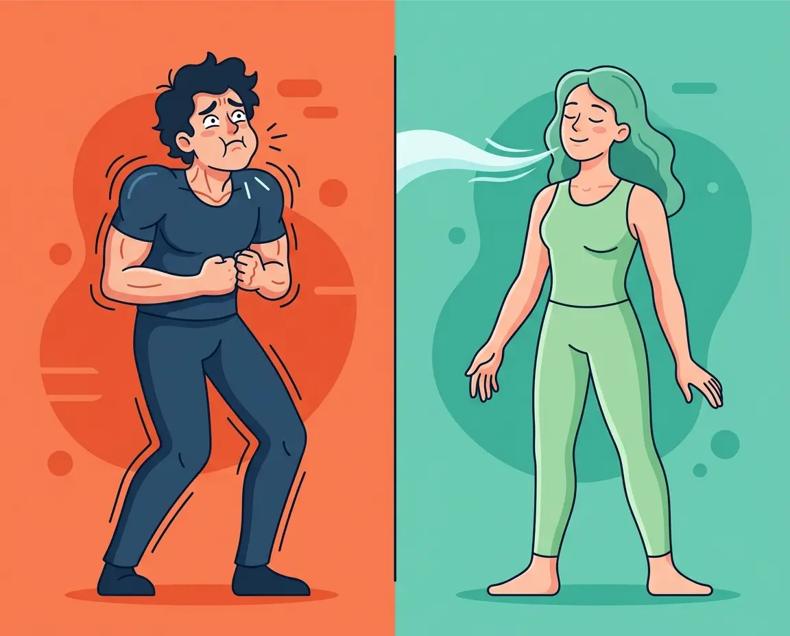 교감 신경이 활성화된 긴장 상태와 부교감 신경이 활성화된 이완 상태의 스트레칭 비교 일러스트