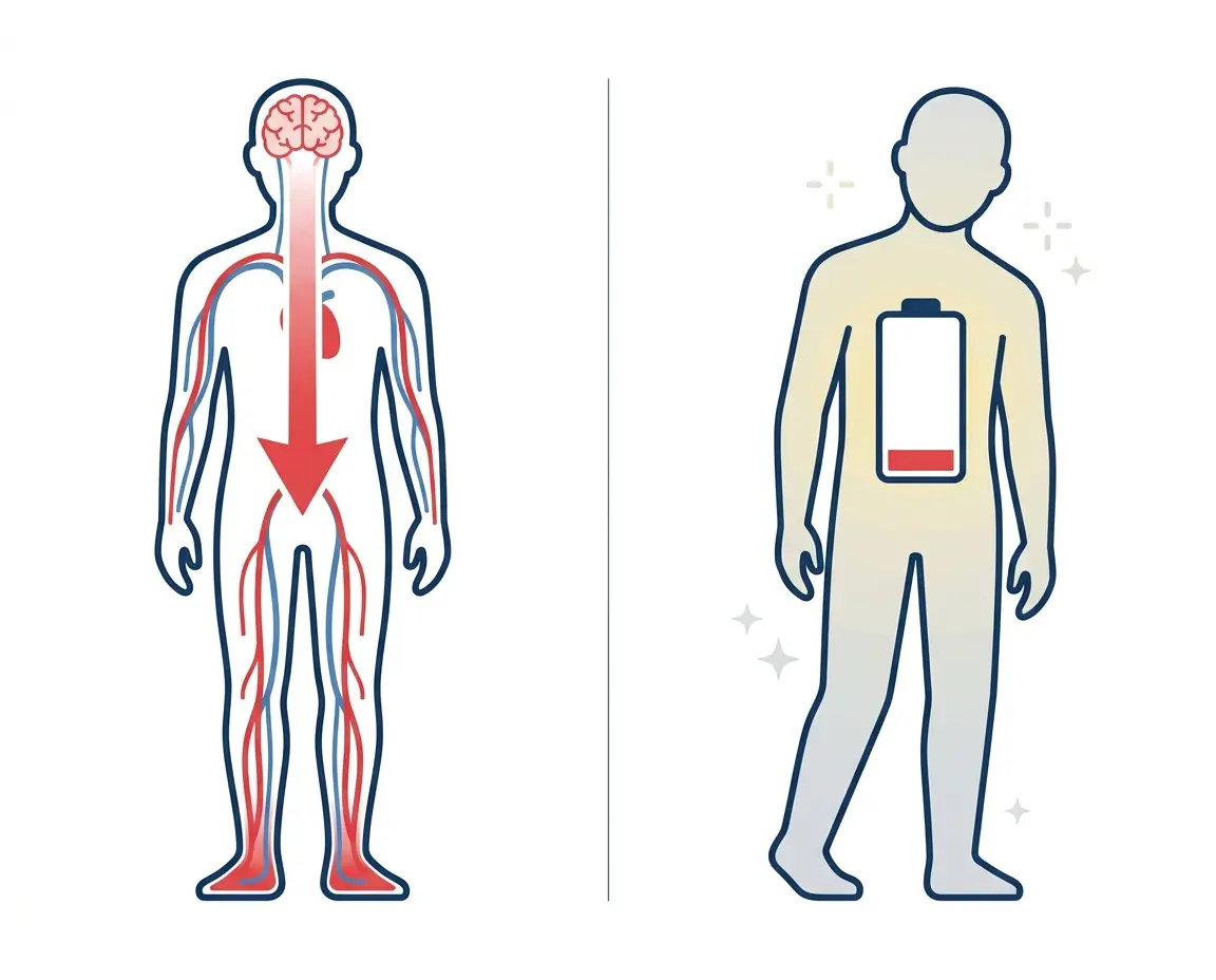 기립성 저혈압의 혈류 변화와 저혈당의 에너지 고갈을 비교하는 일러스트